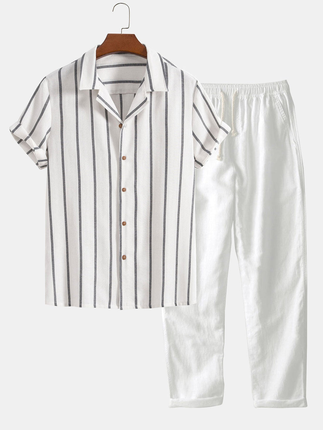 Cotton Blend Striped Cuban Shirt &amp; Straight Leg Linen Pants