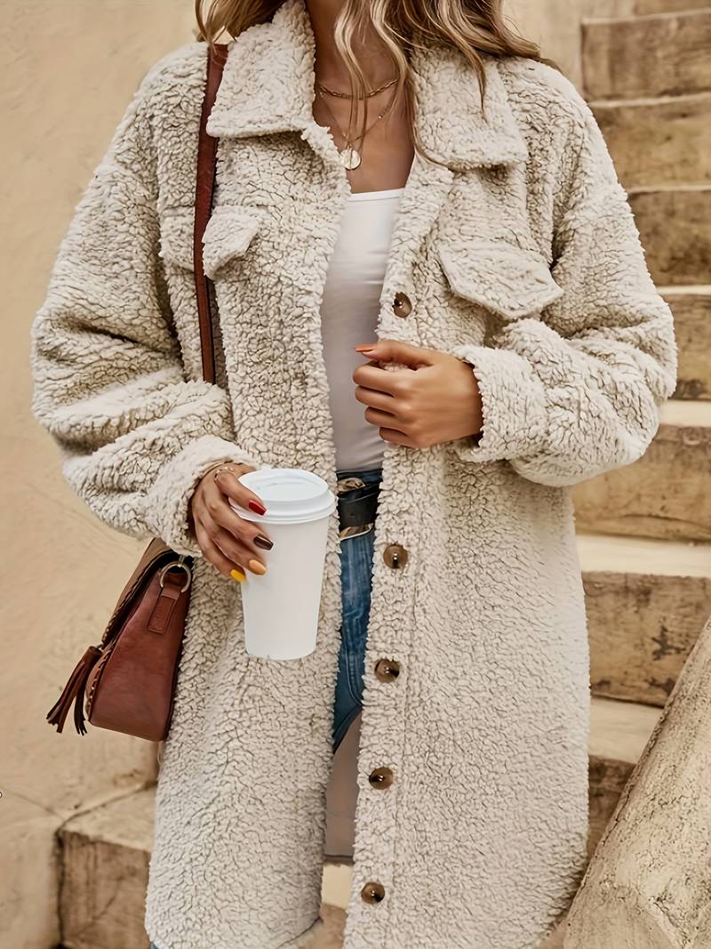 Leah - Solid teddyfrakk med knapper foran, avslappet, langermet vintertøy for kvinner