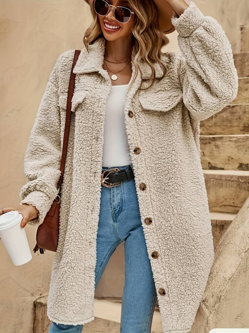 Leah - Solid teddyfrakk med knapper foran, avslappet, langermet vintertøy for kvinner