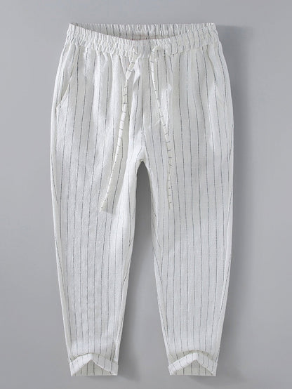 Striped Linen Cotton Blend Cropped Pants