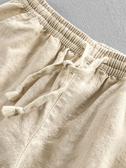 Linen Look Short Sleeve Stand Collar Shirt &amp; Linen Cotton Blend Cropped Pants