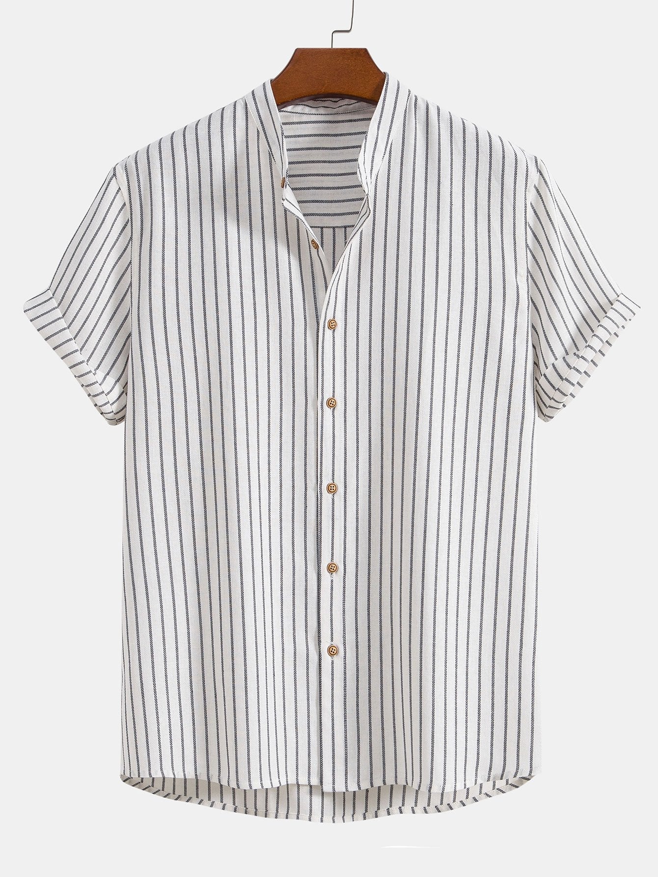 Cotton Blend Striped Stand Collar Shirt &amp; Straight Leg Linen Pants