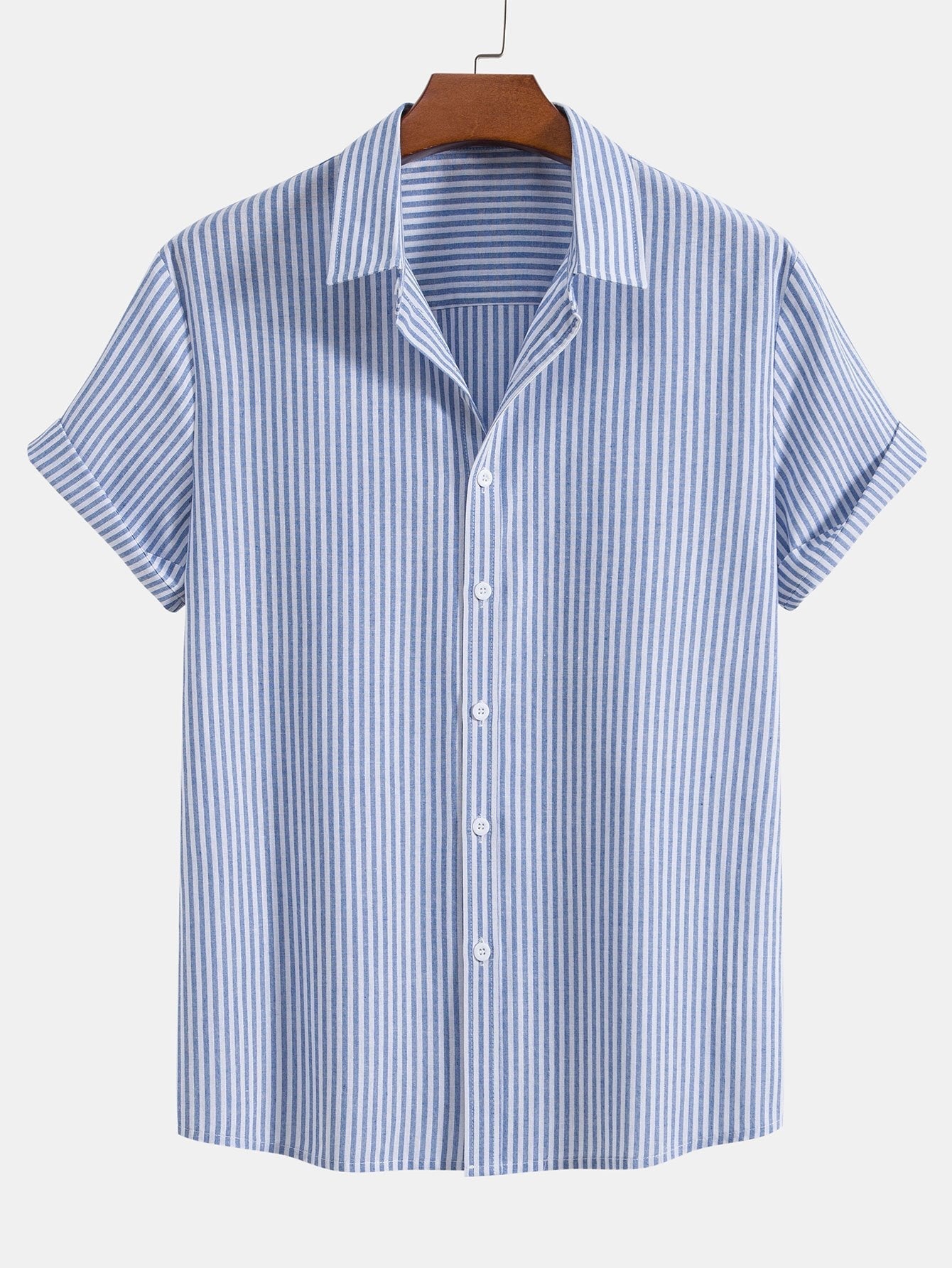 Short Sleeve Cotton Blend Striped Button Up Shirt